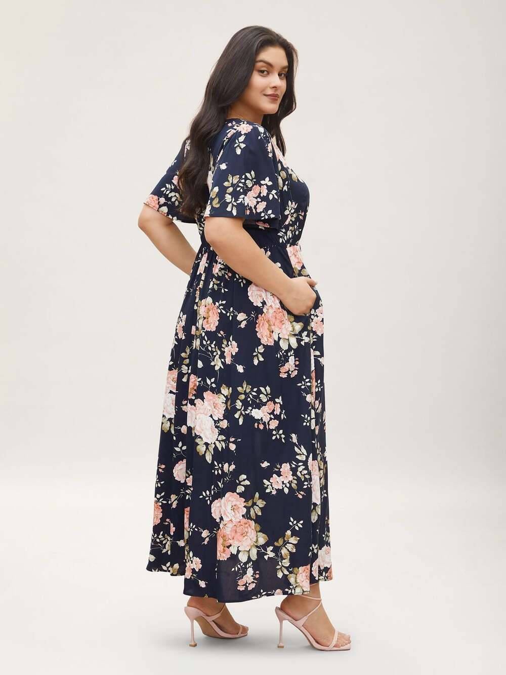 BloomChic Flutter Sleeve Ditsy Floral Pocket Split Maxi Dress - Picture 3 of 8